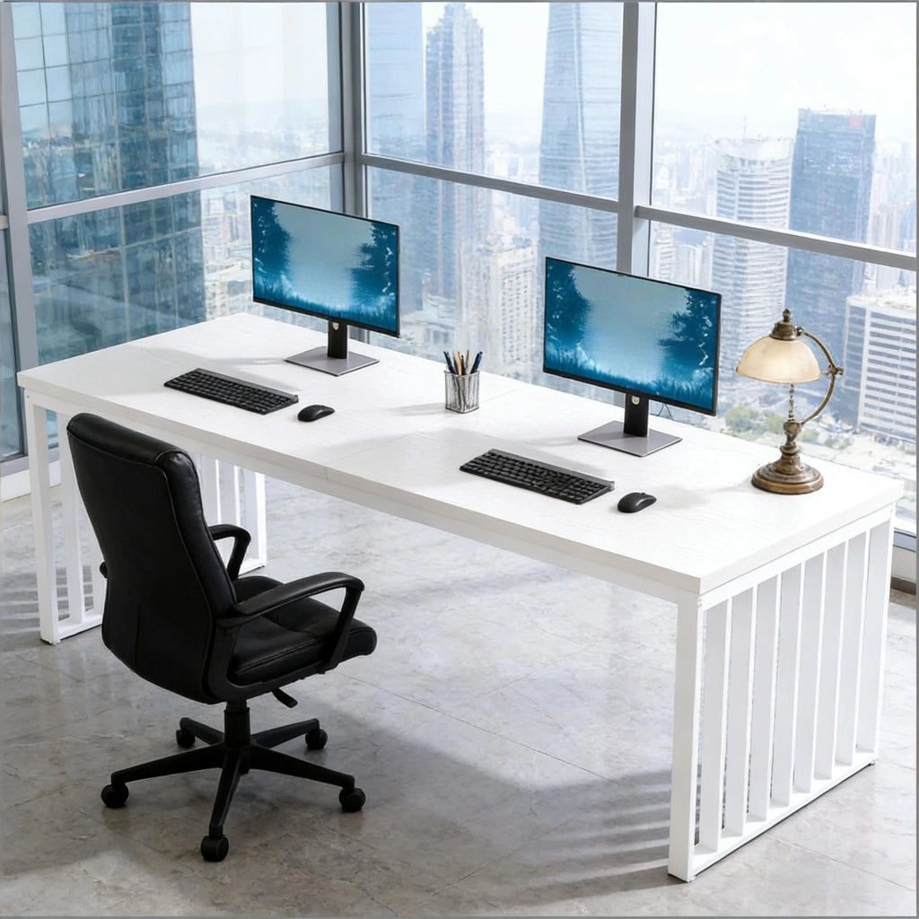 SCRIVANIA DIREZIONALE 180x60 cm Bianca in Metallo e Legno per 2 persone