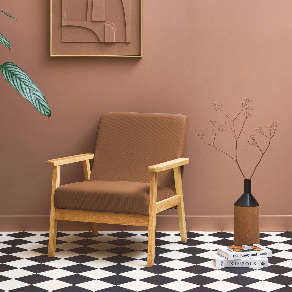Poltrona scandinava in legno e velluto a coste, marrone
