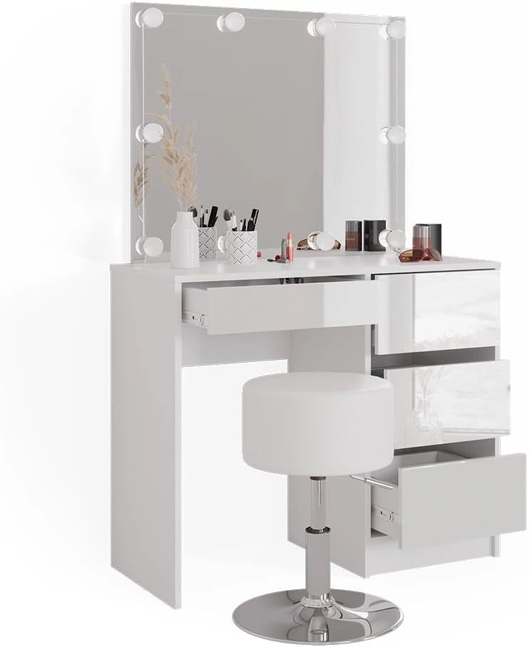 Vicco Tavolo da toeletta Sherry, Bianco, 90 cm con illuminazione a LED e sgabello, con illuminazione a LED e panca imbottita