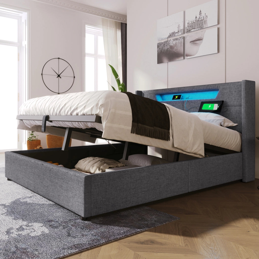 OKWISH Letto Contenitore Letto Matrimoniale, USB, Tipo C e LED, 140 x 200 cm, con Materasso, Grigio