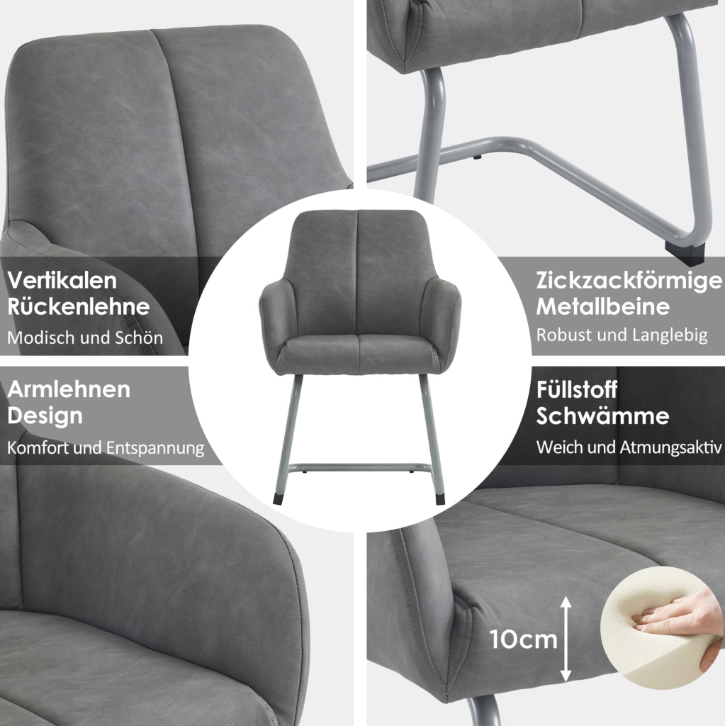 Set 2 sedie da pranzo con braccioli in pelle microfibra e metallo; grigio