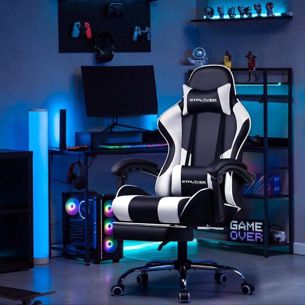 Sedia da gaming, da ufficio, da gioco, ergonomica, con poggiapiedi, per massaggi, cuscino lombare, imbottita, sedia girevole, colore: bianco