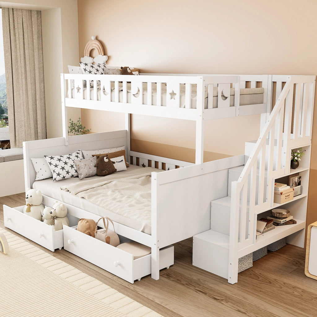 Letto a castello per bambini 90x200 e 140x200 cm con scala contenitore, bianco