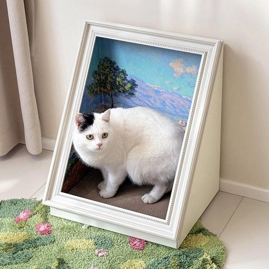 Casa per Gatti con struttura e piatto di grattamento - Pittura per gatti in olio per interni, progetto artistico con grande area per i piccoli e piatto di grattamento sostituibile
