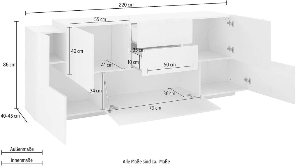 Credenza 5 Ante e 2 Cassetti 220x45x86 cm Coro Bianco Lucido/Bianco