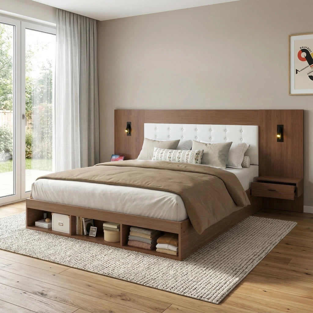 DESMIU Letto con contenitore 180 × 200 cm 2 posti con USB, Type-C e luce da lettura, senza materasso, in MDF, noce