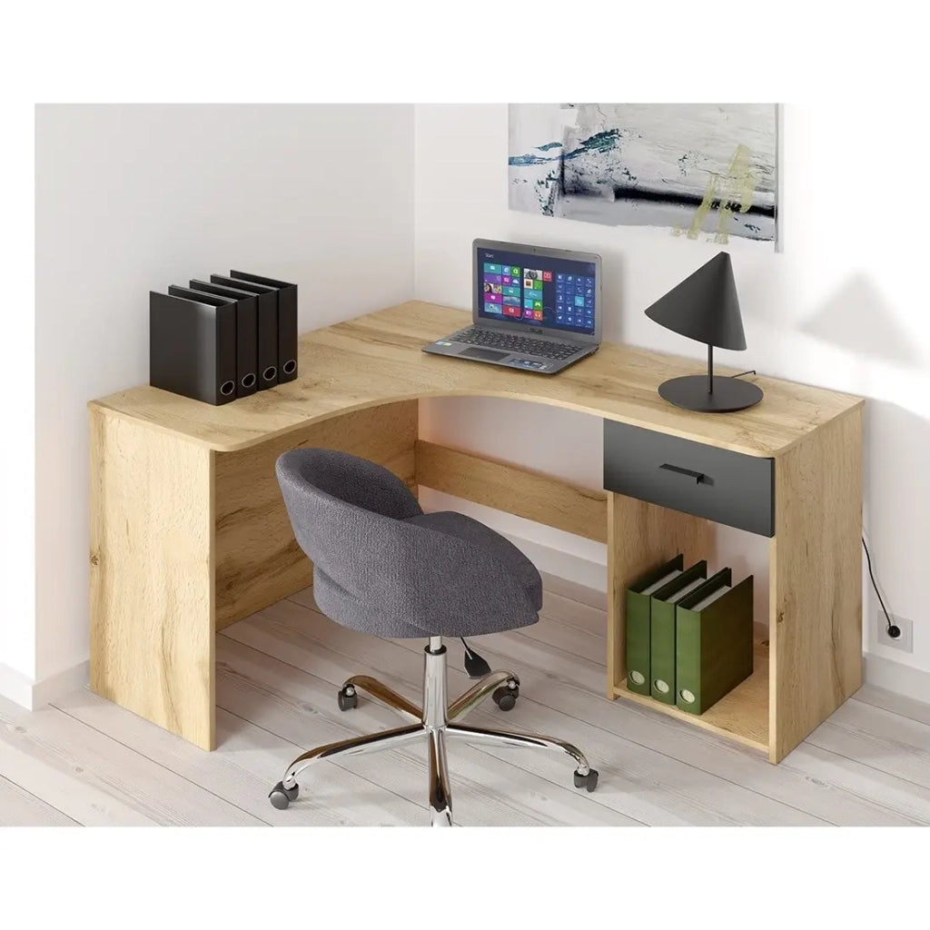 Scrivania angolare design con numerosi spazi di archiviazione collezione LOUANE colore rovere e nero.