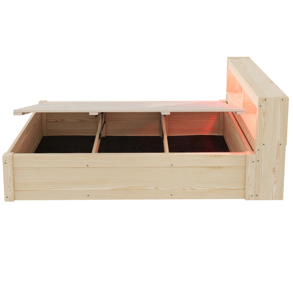 Letto singolo multifunzione 90x200 cm in MDF color legno con LED; presa e contenitore