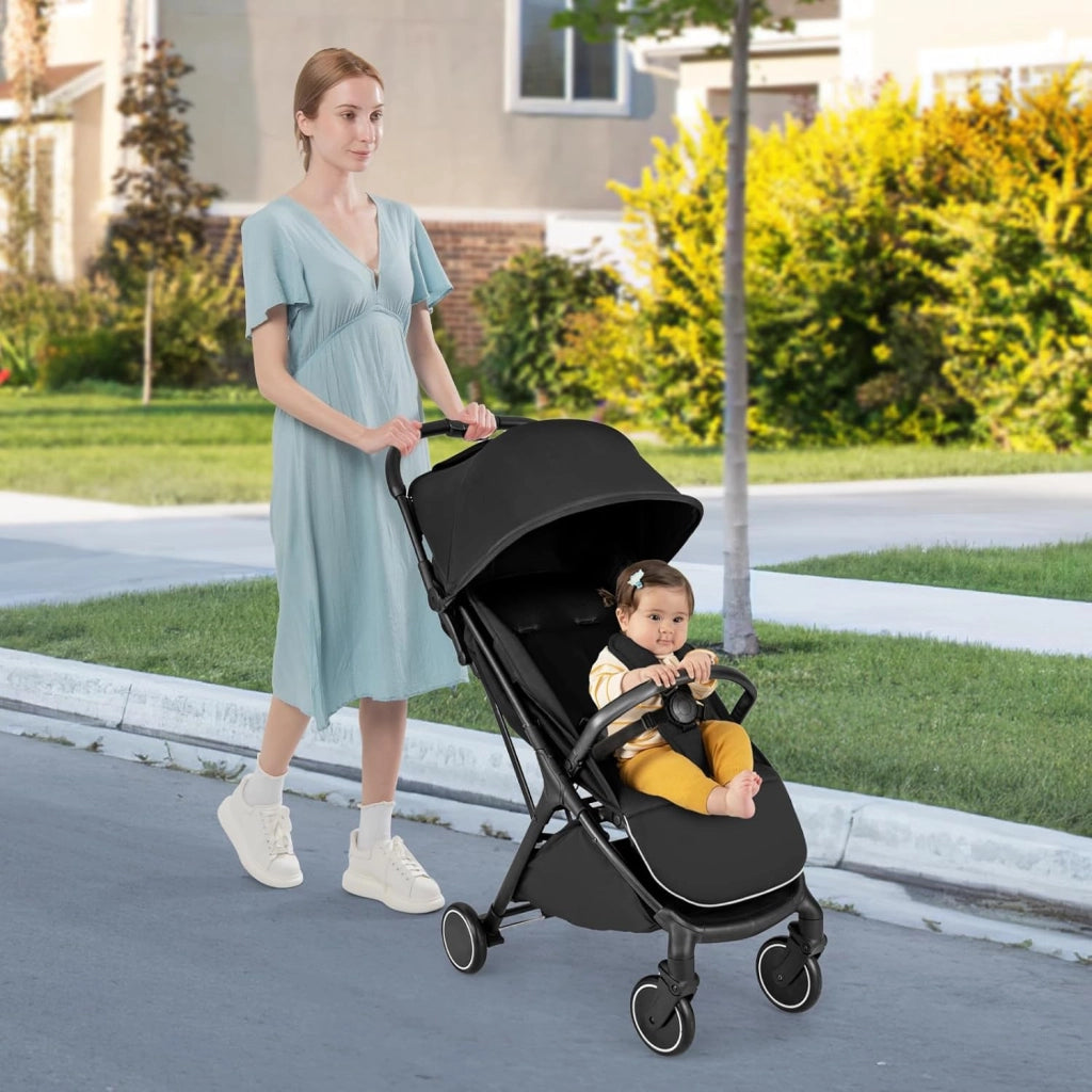 Passeggino Leggero Pieghevole per Bambini, Passeggiono Compatto con Schienale e Cappotta Regolabile, Cinture di Sicurezza a 5 Punti, Ruote con Freno, Fino a 15 kg (Nero)