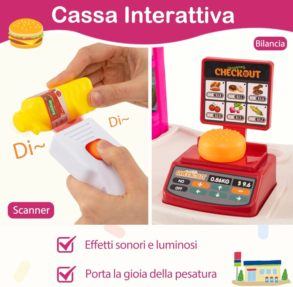 Cassa Gioco Supermercato per Bambini, Supermercato Giocattolo con Carrello della Spesa, Registratore di Cassa, Scanner, Luci e Suoni, Gioco di Ruolo con 29 Accessori (Rosa)