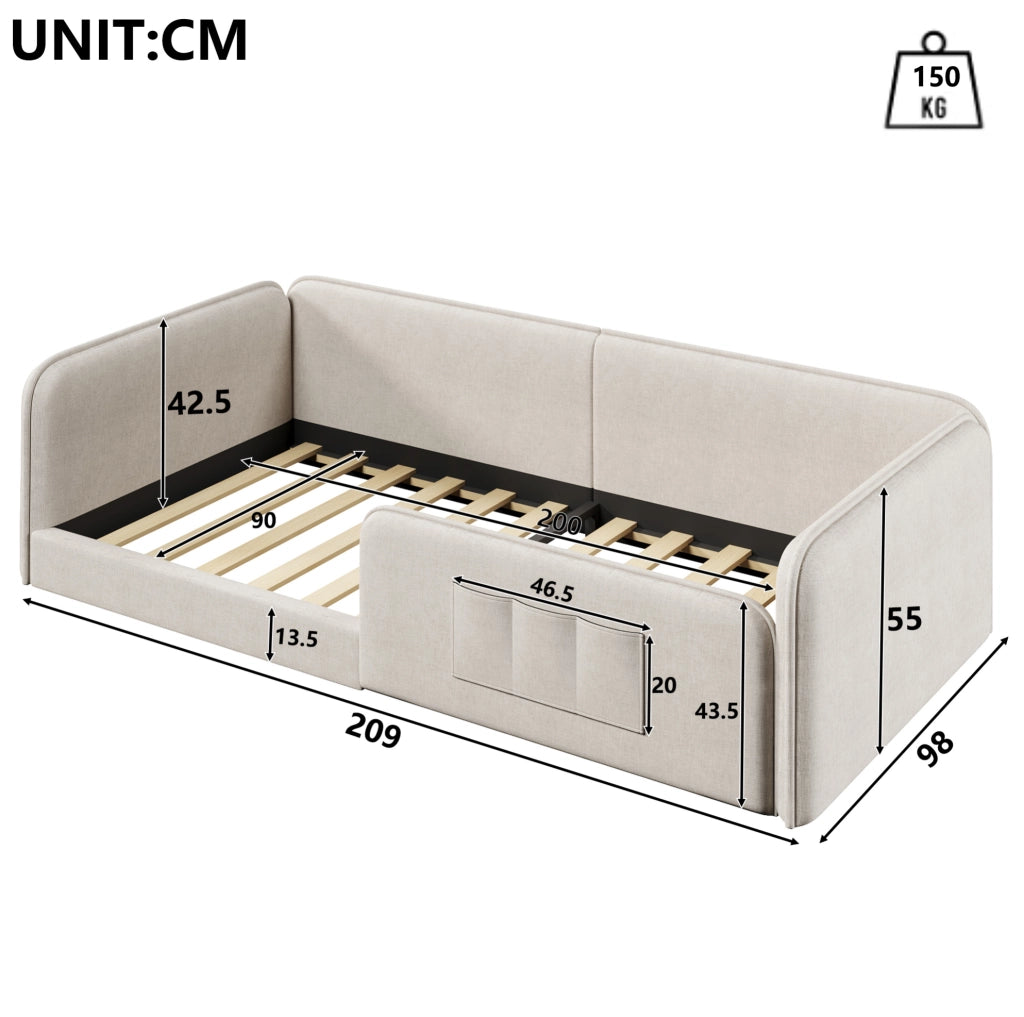 Letto a piattaforma 90x200 cm con tasche portaoggetti e struttura imbottita in lino beige