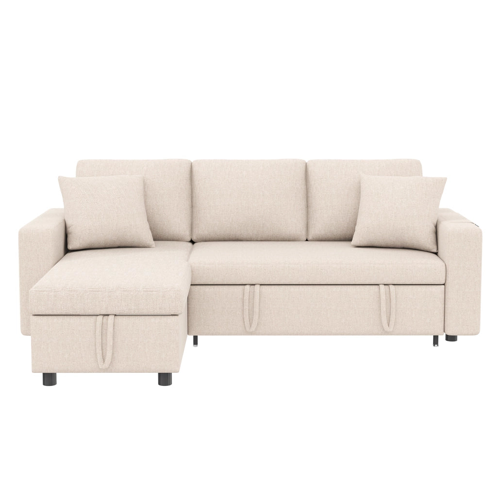Divano letto angolare reversibile con contenitore, tasche laterali e 2 cuscini, in lino Beige