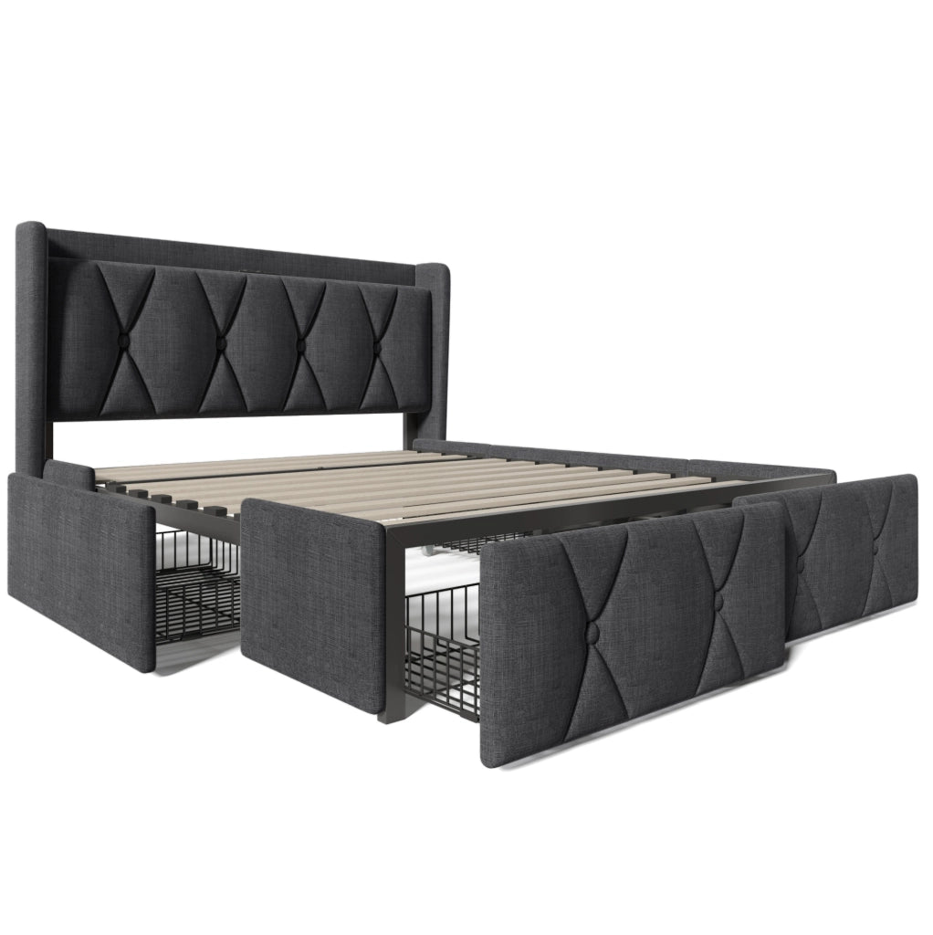 Letto matrimoniale 140x200 cm con 4 cassetti; USB e prese; tessuto grigio