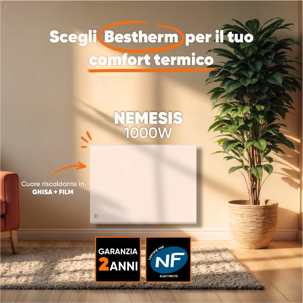 Radiatore elettrico fisso ad inerzia secca ghisa+film 1000W NEMESIS orizzontale bianco