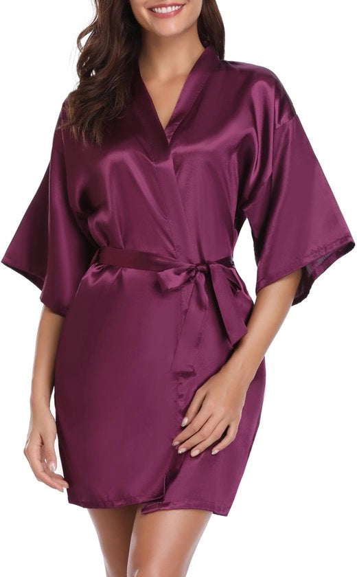 Kimono da Bagno Corta per Donna con Cinturino e Collo V in Pelle di Velo (XL, Nero)