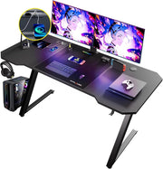 Tavolo da gioco 120 x 60 cm, con tappetino per mouse, Tavolo da gioco per computer in fibra di carbonio con gancio per casco, nero (con presa multipla)