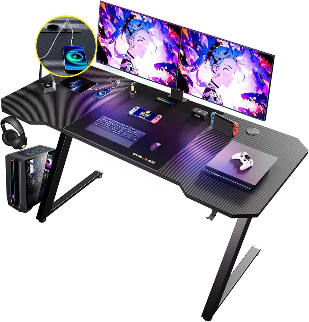 Tavolo da gioco 120 x 60 cm, con tappetino per mouse, Tavolo da gioco per computer in fibra di carbonio con gancio per casco, nero (con presa multipla)