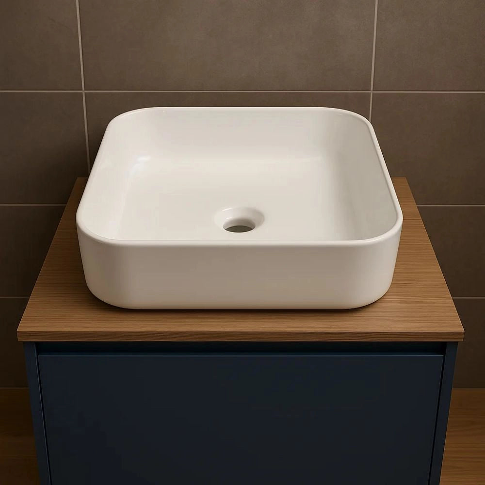 Lavabo d'appoggio ceramica bianco quadrato lavandino bagno dimensioni cm 38,5x38,5x14 *** finitura- lucido, confezione 1