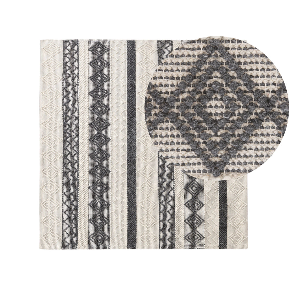 Tappeto in lana beige chiaro e grigio poliestere 200 x 200 cm intrecciato a mano motivo geometrico boho soggiorno camera da letto