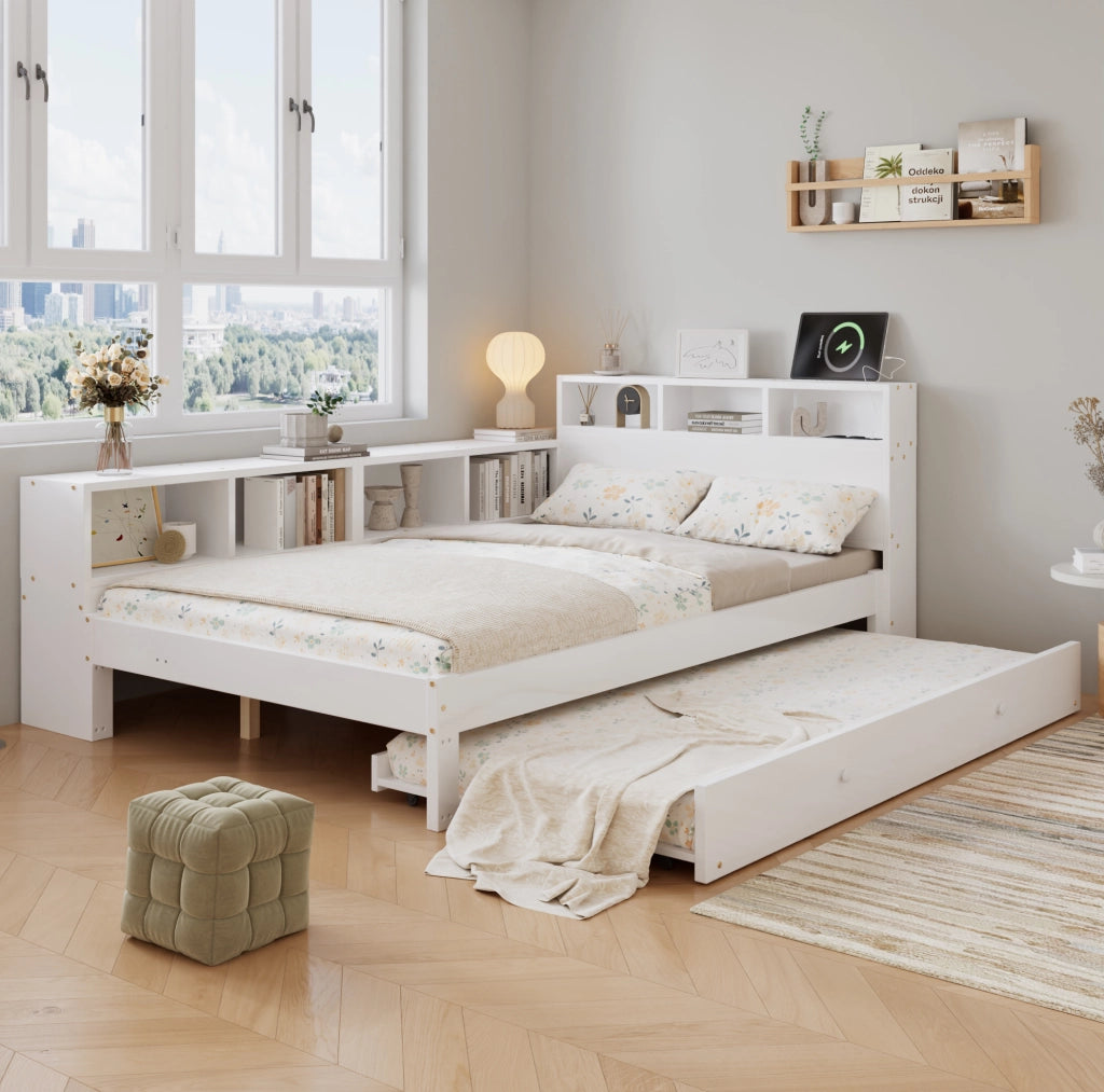 Letto in legno 120x200 cm con letto estraibile; mensola laterale e ricarica; bianco