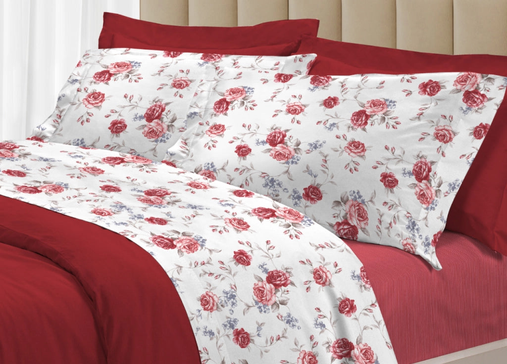 Completo Lenzuola Letto 100% Cotone Made Italy 3027 Disegno Sanderson - Piazza E Mezza - Rosso