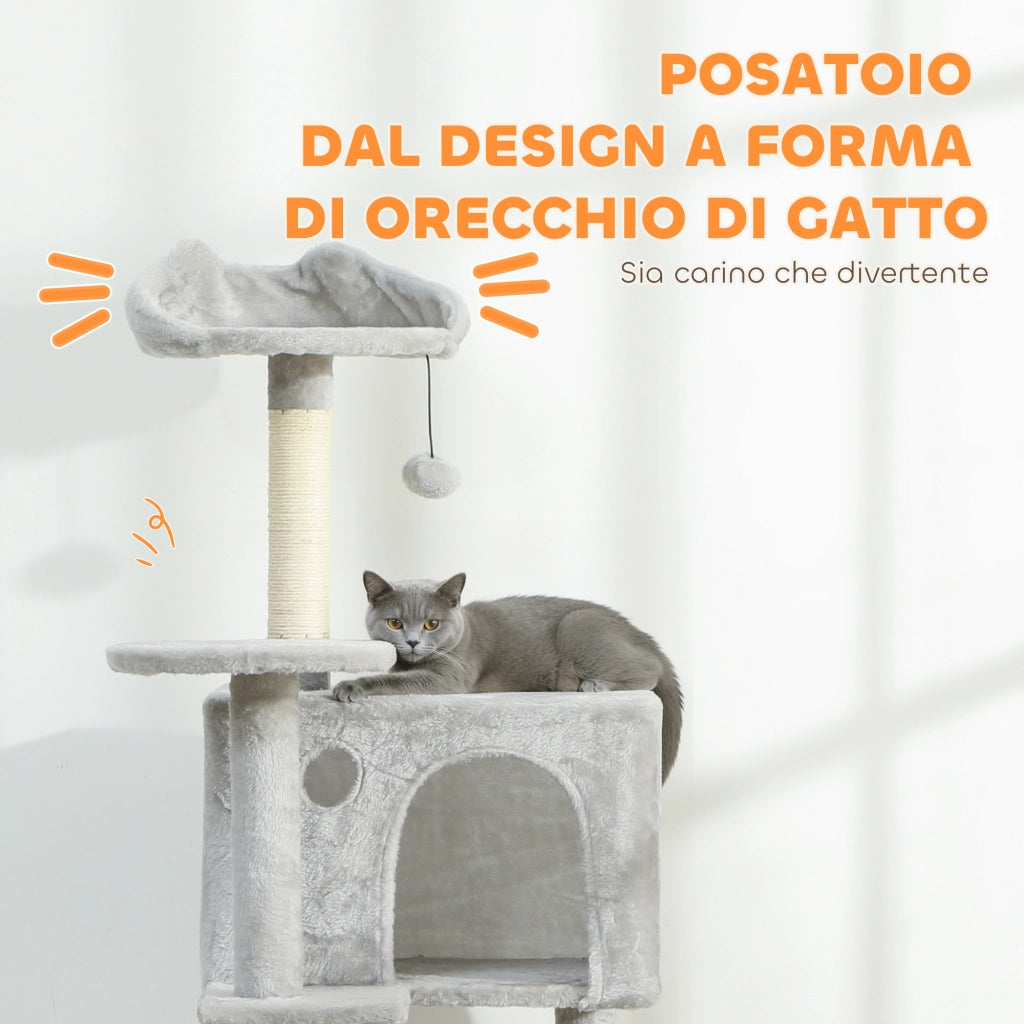 Albero Tiragraffi per Gatti Alto 160 cm con 2 Casette Amaca Lettino e Pali in Sisal Grigio