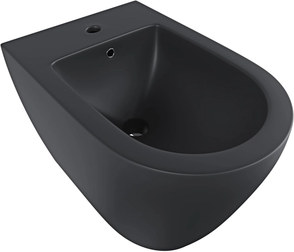 Coppia Sanitari Vaso WC Filomuro Filo Muro Rimless Tornado Flush Senza Brida Bidet Design Moderno Ceramica Copriwater Soft Close Nero Opaco