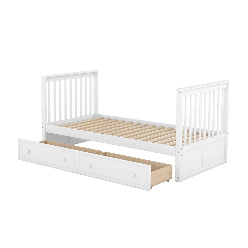 OKWISH Letto a Castello 90×200 cm, Letto Singolo convertibile in 2 Letti con 2 Cassetti e Sponde, senza Materasso, Bianco