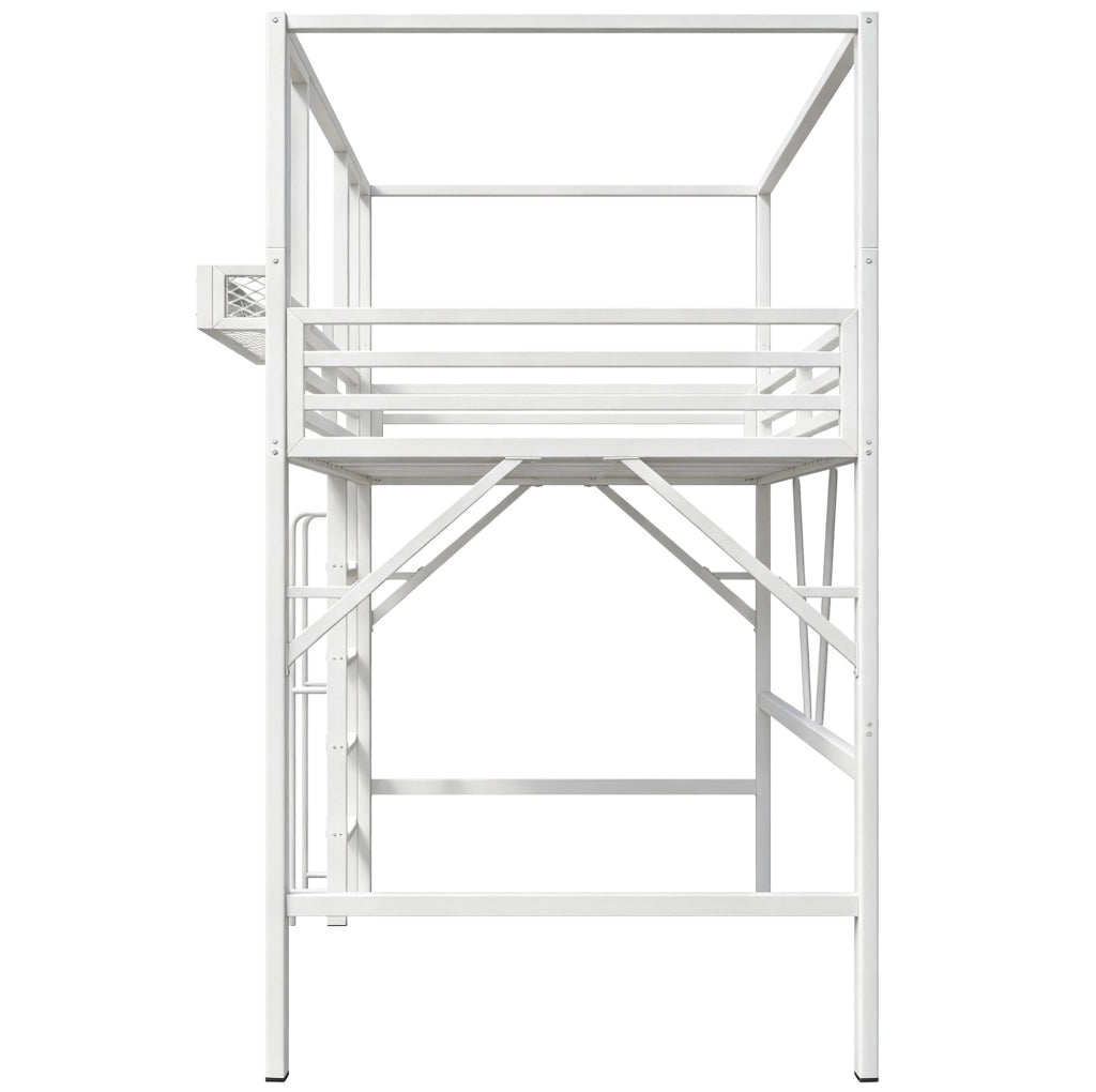 Letto a soppalco ULEVR 90x200 cm con tetto e finestre, scala con corrimano e ripiano, bianco
