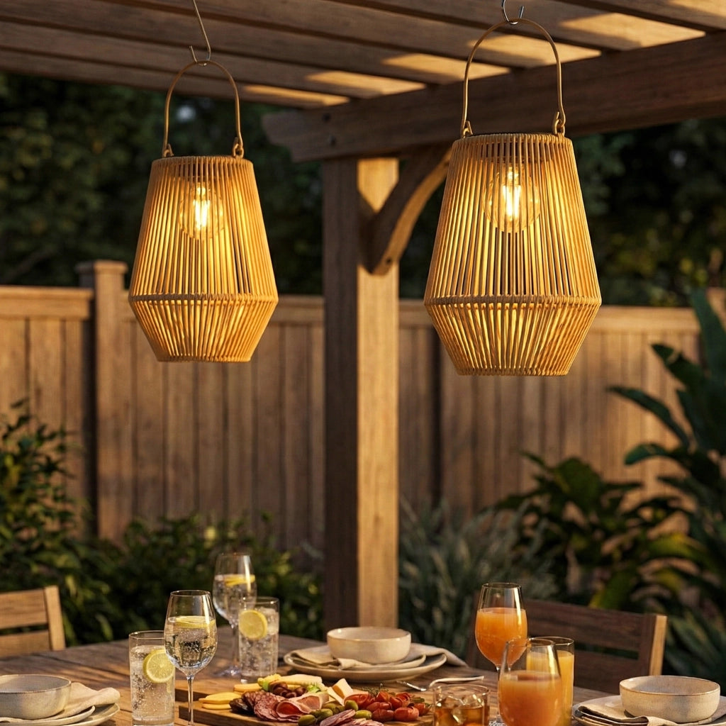 Set di 2 Lampade Solari 16x16x21 cm con Accensione e Spegnimento Automatico IP44 in Rattan Marrone