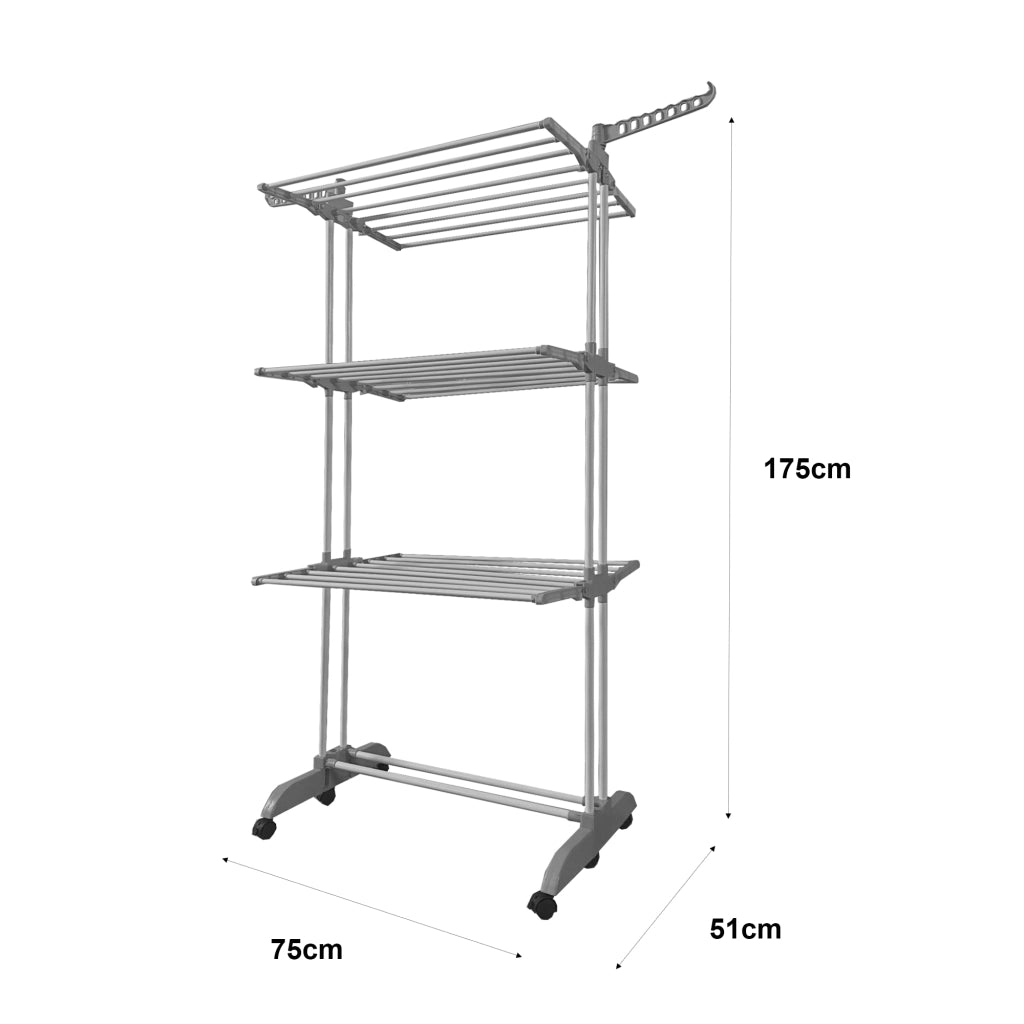 Stendibiancheria XXL Pieghevole Premium Slim Nyana Home | 4 Livelli | Barre in Acciaio | Supporti Laterali per Grucce | Gambe Pieghevoli | 4 Ruote con Freno | Grigio