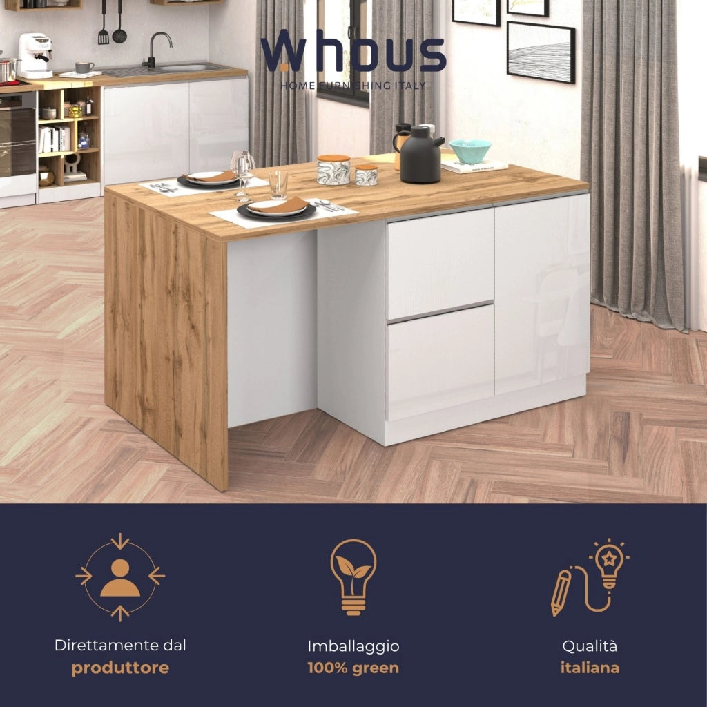 WHOUS Isola da cucina Sole con 1 anta 2 cassetti e 6 vani bianco lucido/rovere 153x90x91 cm