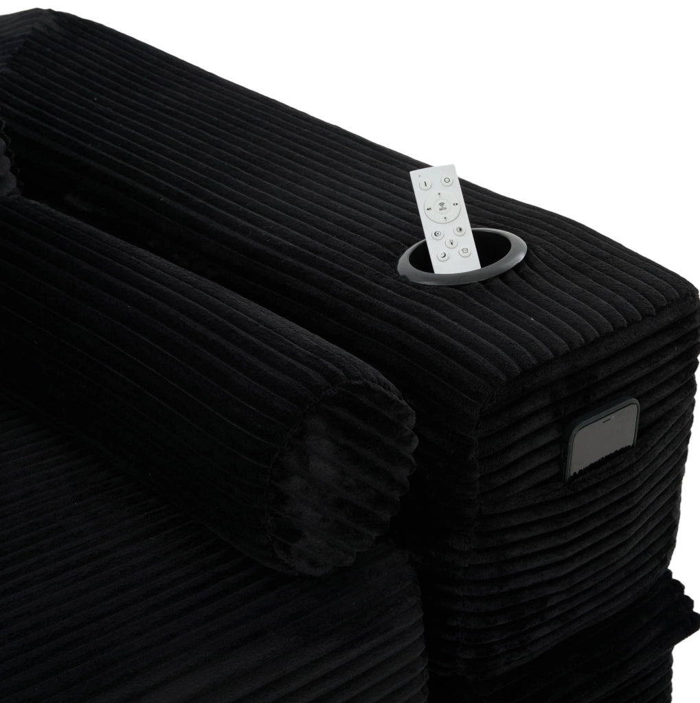 Divano letto ULEVR 232x98 cm in velluto a coste nero con portabevande, tasche laterali e cuscini memory