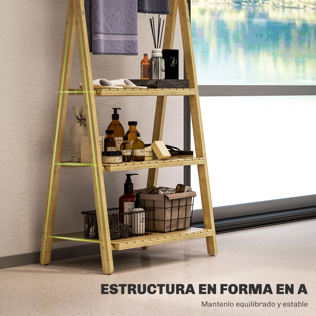 Rack da Bagno in Bamb¨´ Pieghevole 3 Ripiani con Barre ¨C zephmum ¨C Naturale 53.5x30x153 cm