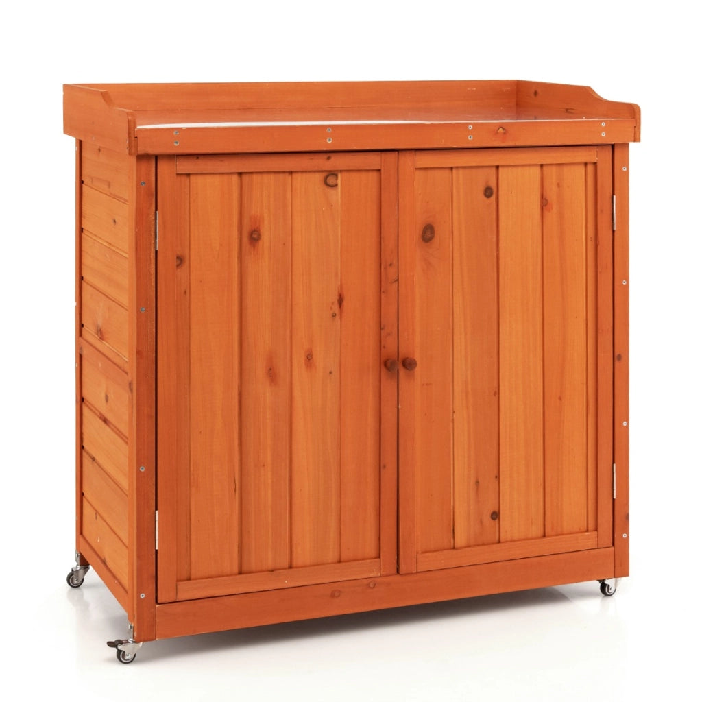 Armadio di stoccaggio in legno con ripiano rimovibile e 4 ruote universali, Casetta da giardino Naturale-Casette da giardino