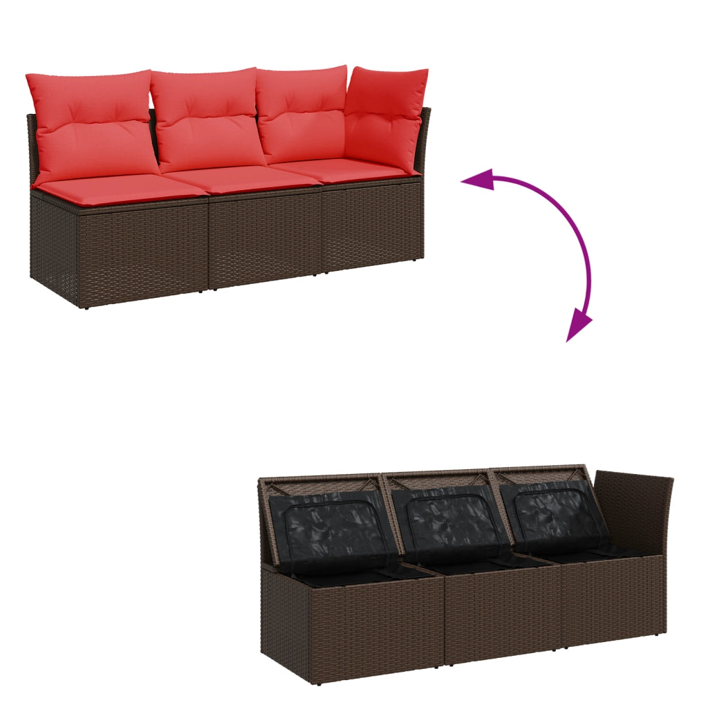 Divano da giardino con cuscini a 3 posti marrone in polyrattan