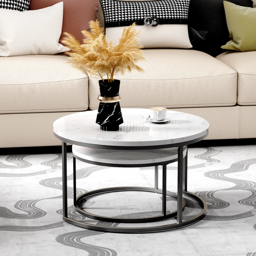 TAVOLINO DA CAFFÈ Set 2 Pezzi 80x45 cm Effetto Marmo Bianco con Struttura Nera