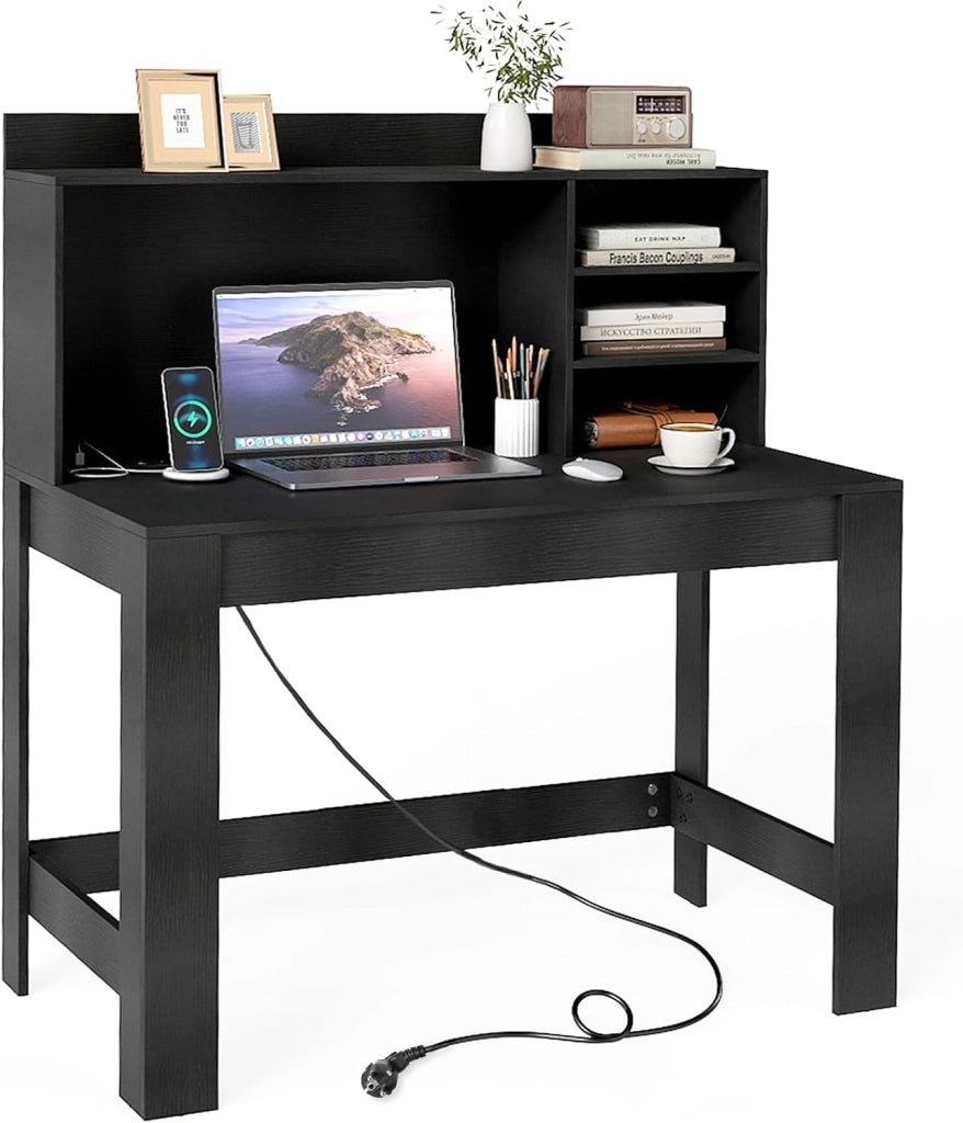Scrivania per Computer con Libreria, Scrivania Salvaspazio in Legno con Stazione di Ricarica e Foro per Cavi, Scrittoio Moderno per Ufficio, Soggiorno e Studio, 108 x 60 x 125 cm (Bianco)
