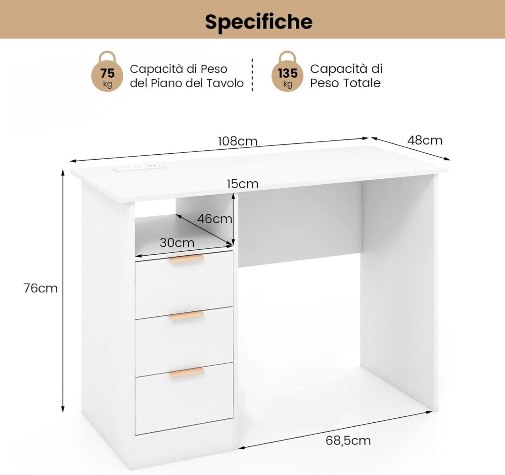 Scrivania con 3 Cassetti, Scrivania Bianco con Stazione di Ricarica e Mensola Aperta, Postazione da Lavoro PC per Camera da Letto, Studio e Ufficio, 108 x 48 x 76 cm
