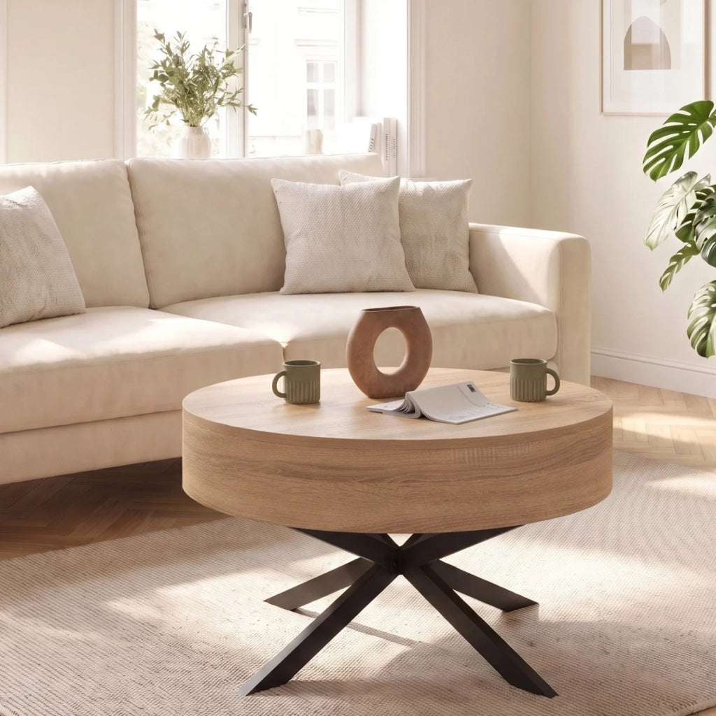 IDMarket - Tavolino rotondo sollevabile ALIX 70 cm con gambe in legno e ragno nero