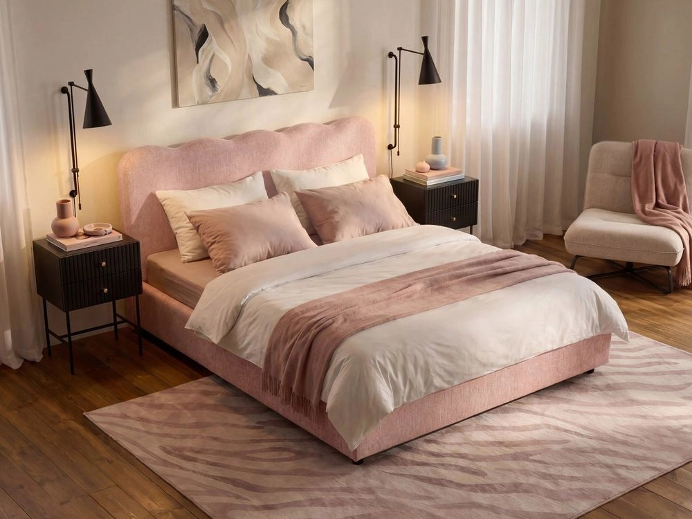 Letto in tessuto rosa pastello 160 x 200 cm contenitore elevabile con testiera e rete a doghe