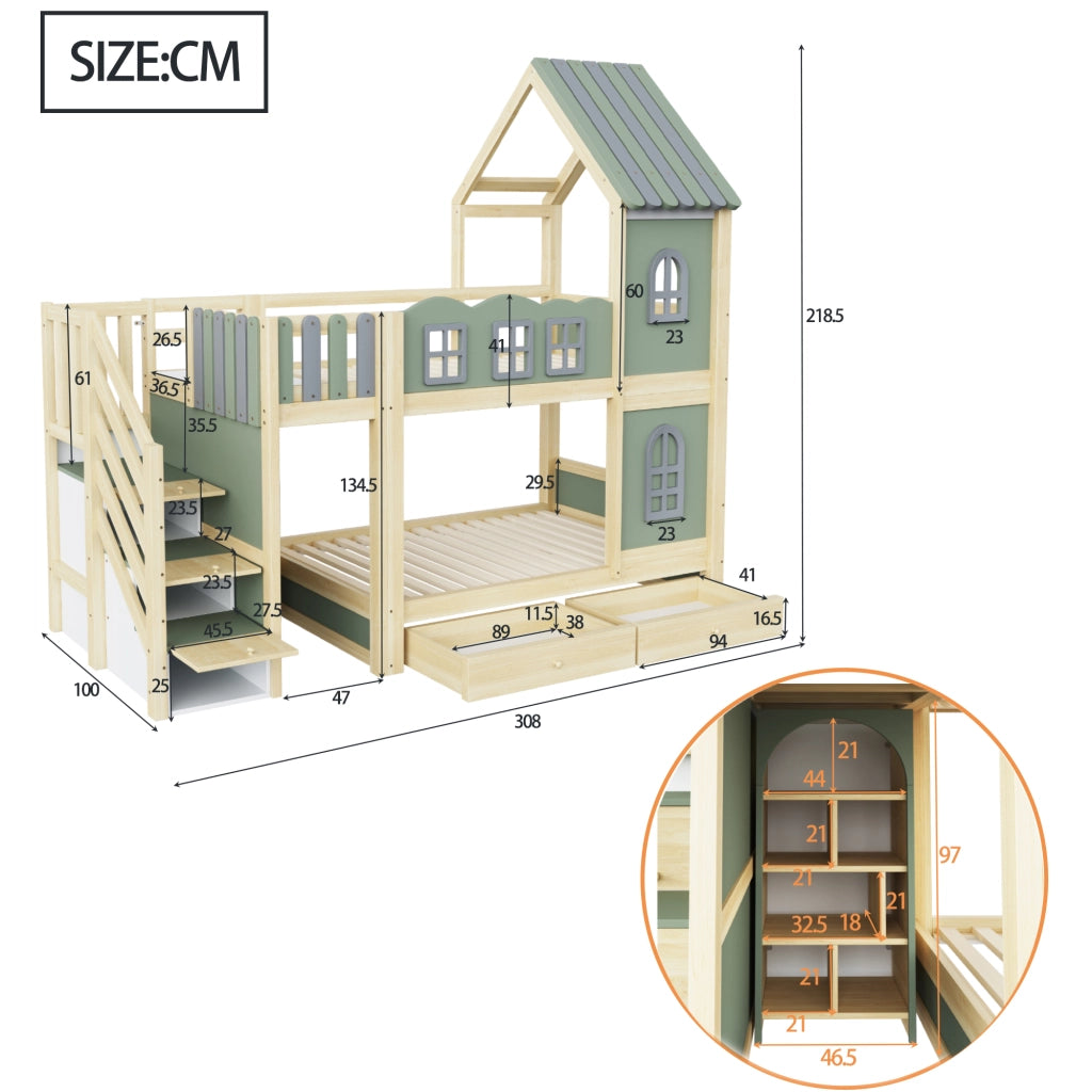 Letto a Castello 90x200 cm; 2 Posti - Scaletta Contenitore; Cassetti - Legno Verde Grigio