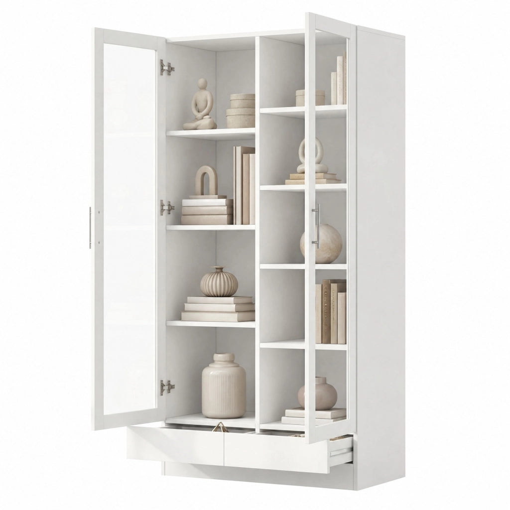 Armadio vetrina bianco con 2 cassetti, ripiani regolabili e vetri temperati, 160x40x80 cm