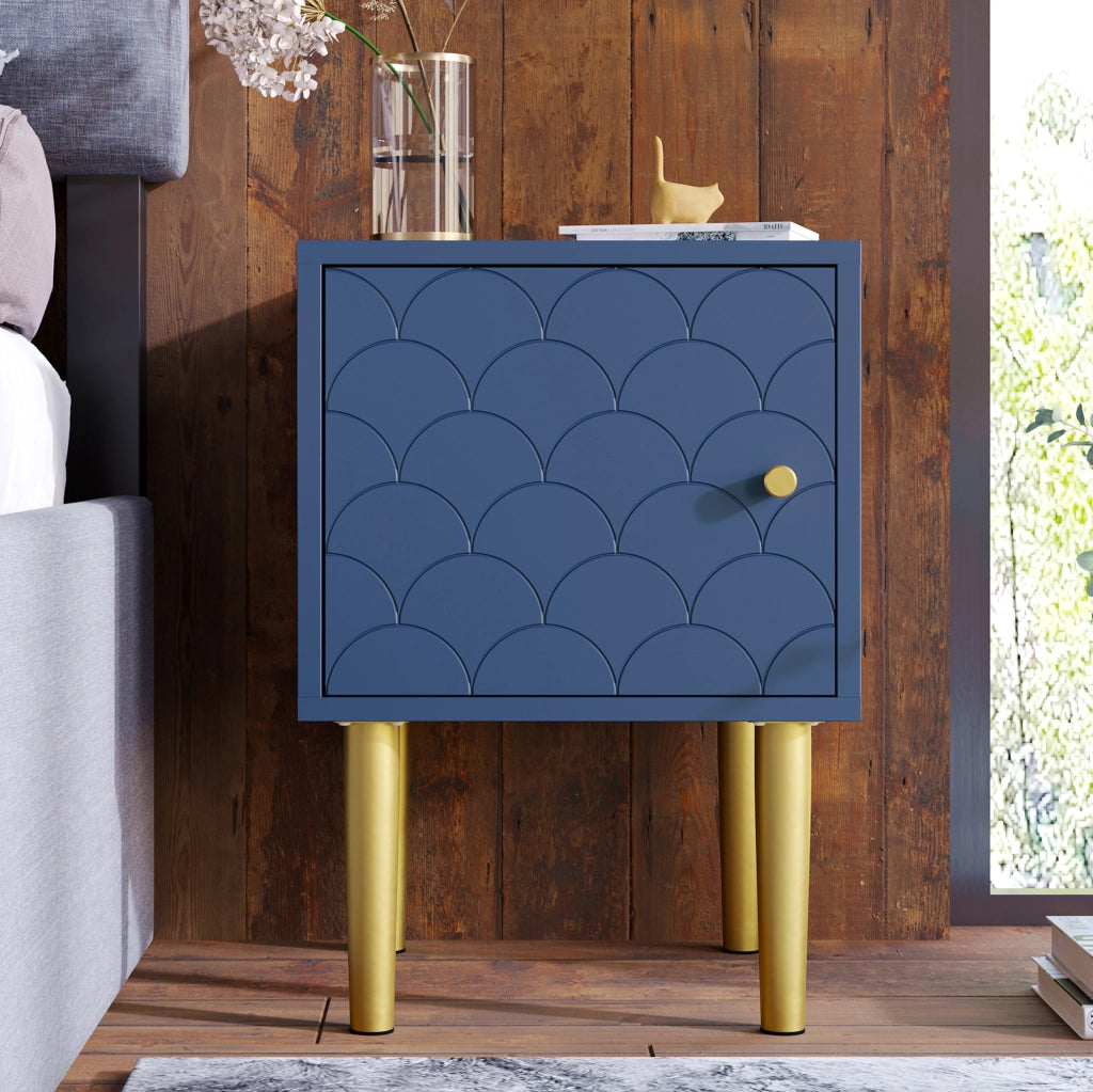 Set di 2 comodini con motivo a squame di pesce; 35x35x51 cm; in truciolare e metallo; blu navy