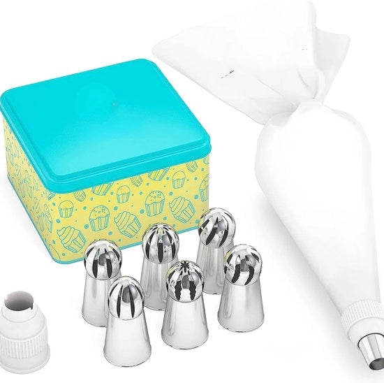 Set di bomboletta con bocchette, kit professionale (8 pezzi) per la decorazione di torte e cupcake: bomboletta riciclabile (35 cm) + 6 bocchette russe grandi + adattatore - bomboletta