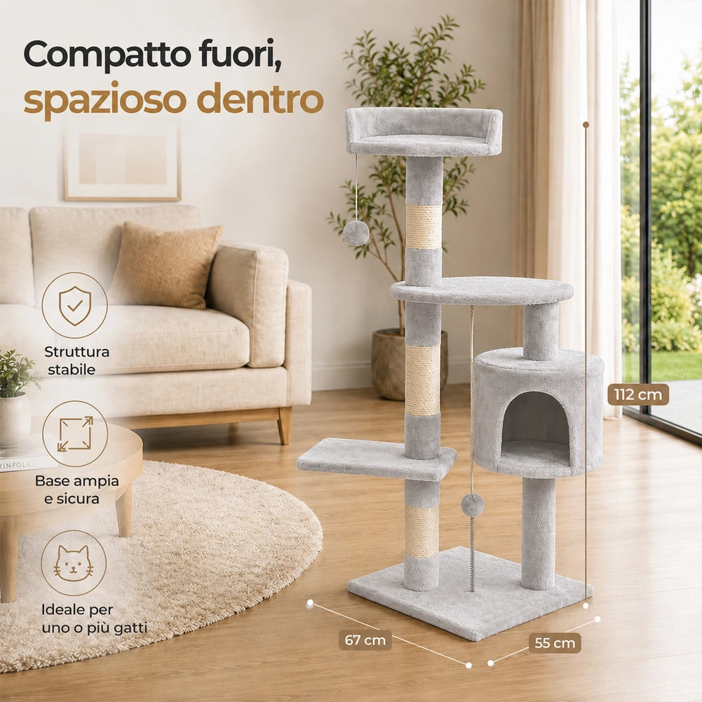 Albero Tiragraffi Gatti Parco Giochi Cuccia Graffiatoio gatto 112cm Grigio Chiar