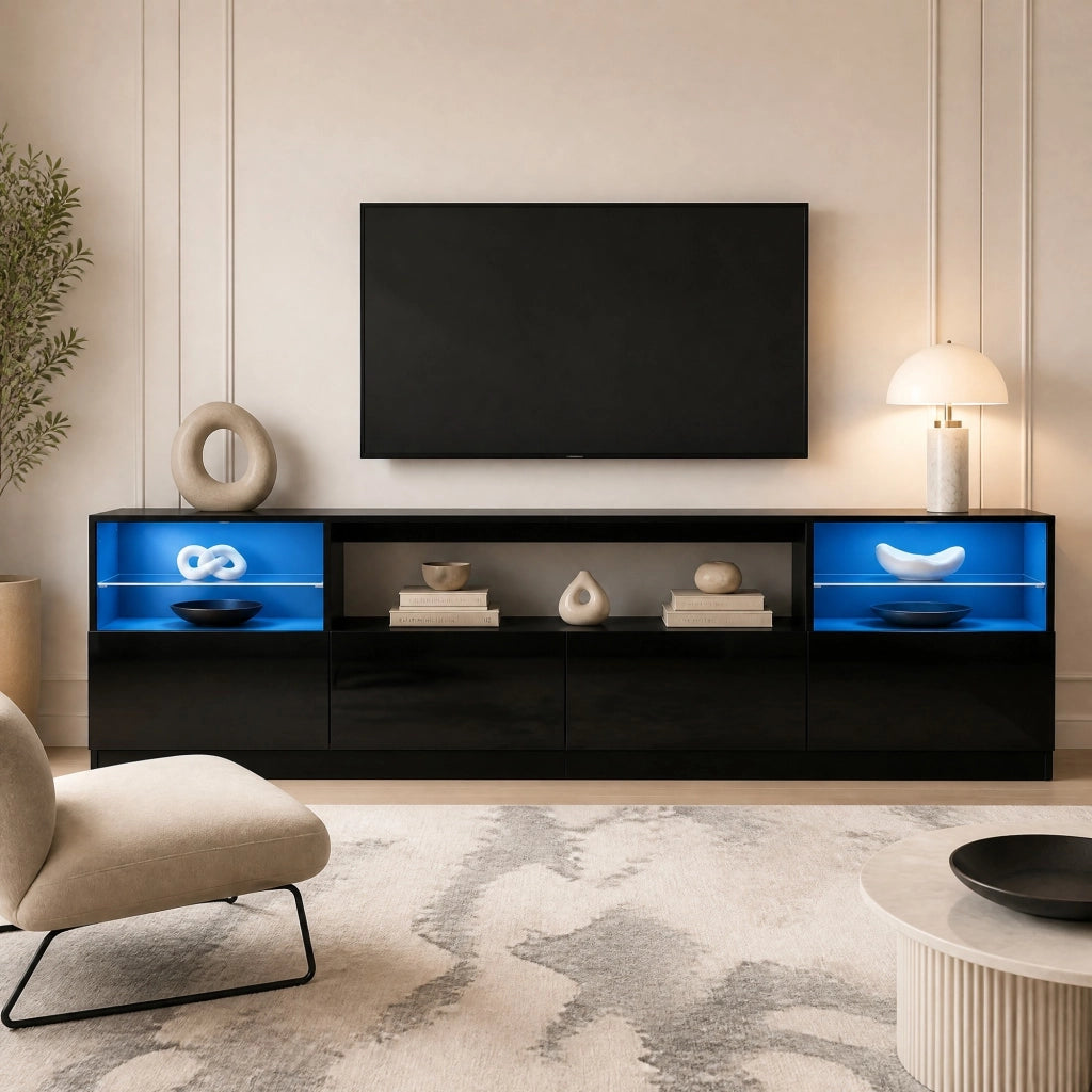 Mobile porta TV con LED, 4 ante, 8 vani e 2 ripiani in vetro temperato per soggiorno, nero, 180 × 35 × 60 cm