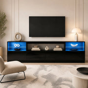 Mobile porta TV con LED, 4 ante, 8 vani e 2 ripiani in vetro temperato per soggiorno, nero, 180 × 35 × 60 cm