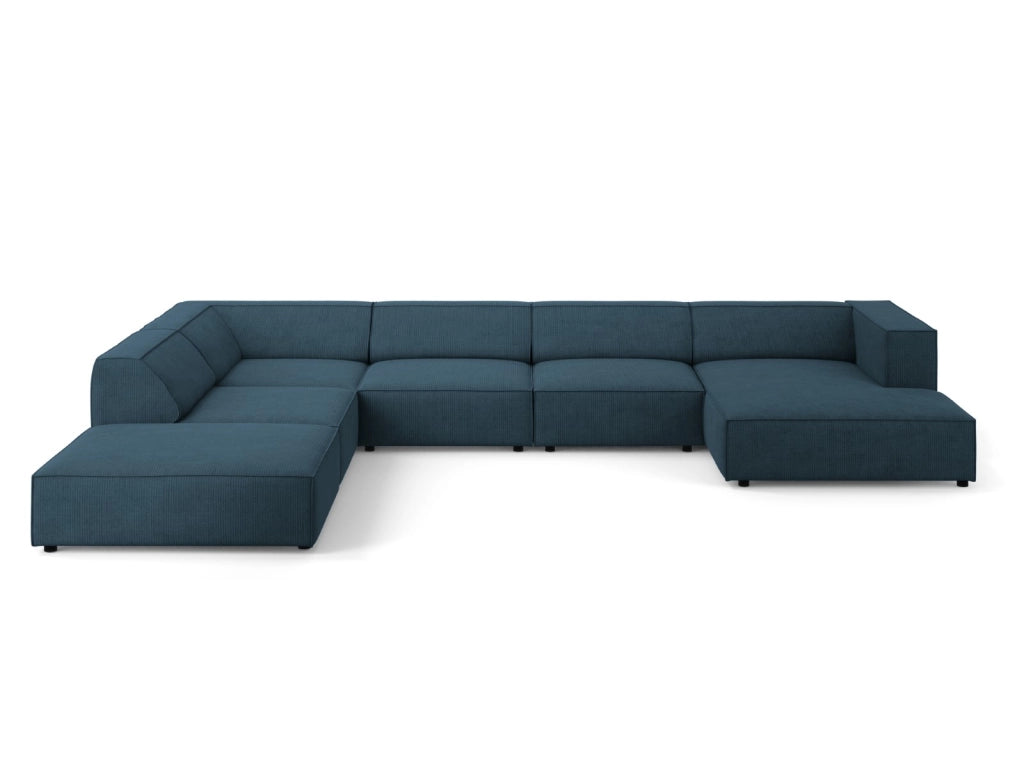 Cosmopolitan Design - Divano panoramico sinistro "Arendal" 7 posti in ciniglia con effetto a coste blu scuro 