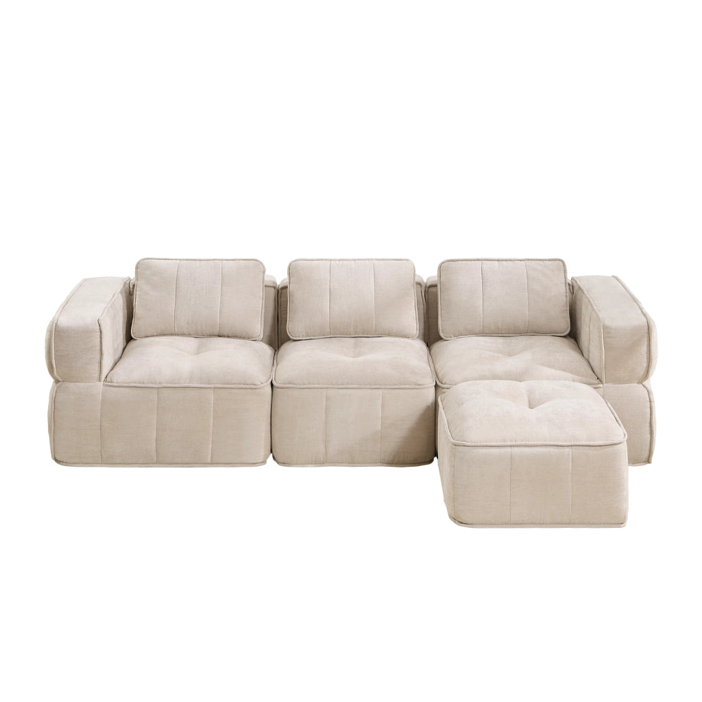 Divano modulare angolare a 3 posti con 1 pouf senza telaio e seduta profonda in poliestere beige per soggiorno